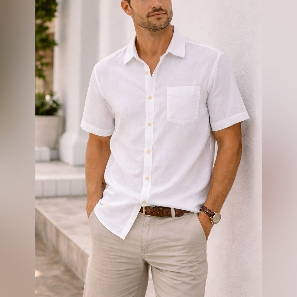 M&S Collection Linen Blend White Short Sleeve Button Up Shirt Men’s US L